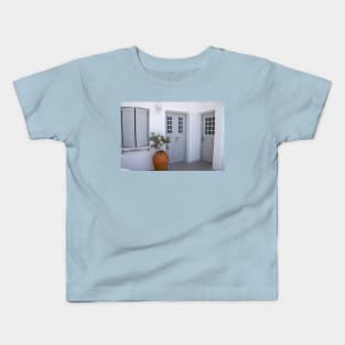 Two blue doors and shutters in Greek house. Kids T-Shirt
